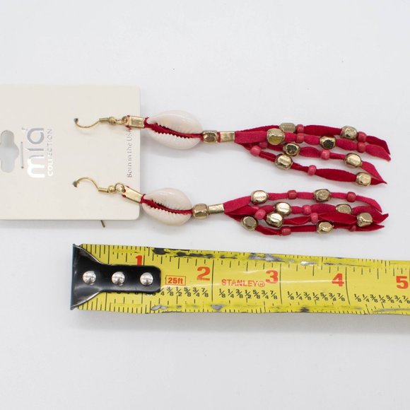 Mia Collection Red Tassel Gold Tone Dangle Shell Hook Earrings - Picture 3 of 3